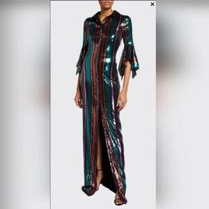 Badgley Mischka Women's 8 Disco Stripe Sequin Column Gown with Slit - NWT